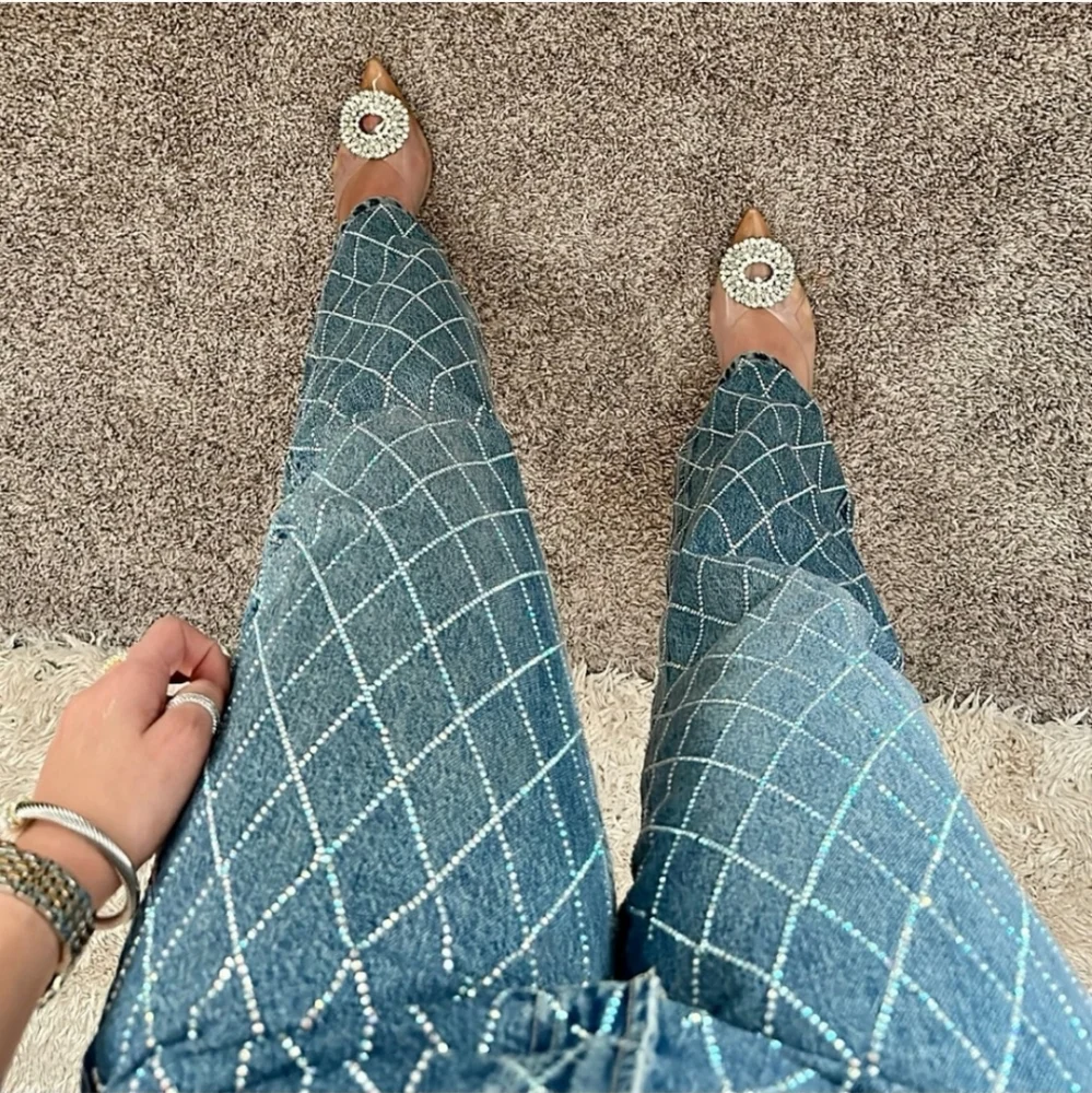Zara RHINESTONE JEWEL STRAIGHT JEANS BLUE Size 2/26